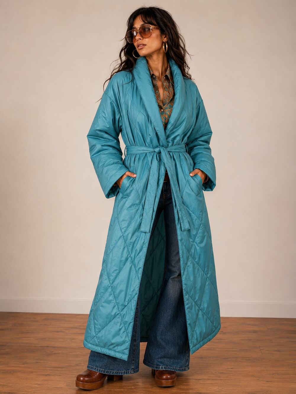 Warm Things California Quilted Down Robe Coat Green Sateen Belted Sz S